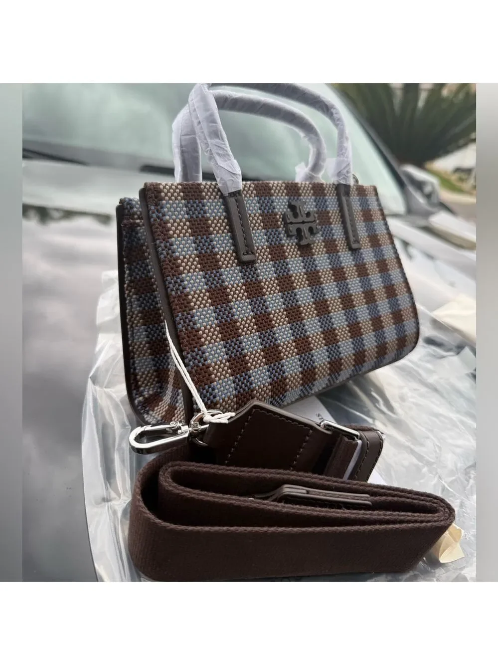 Tory Burch Blake Plaid Mini Tote 176878 Blue Multi Woven Nylon $400